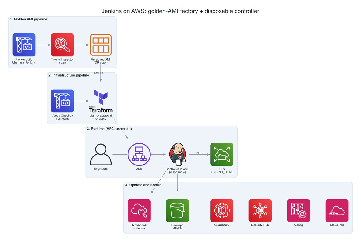 Architecture: golden-AMI pipeline, infrastructure pipeline, disposable runtime and operations